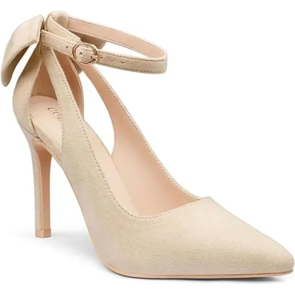 Womens Bow Knot Cream High Heels Pointed Toe Stiletto Ankle Strap D'Orsay Pumps